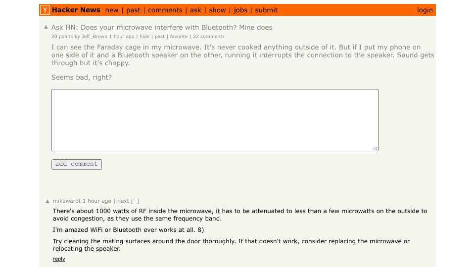 Screenshot of Hacker News post: Ask HN: Does your microwave interfere with Bluetooth? Mine does