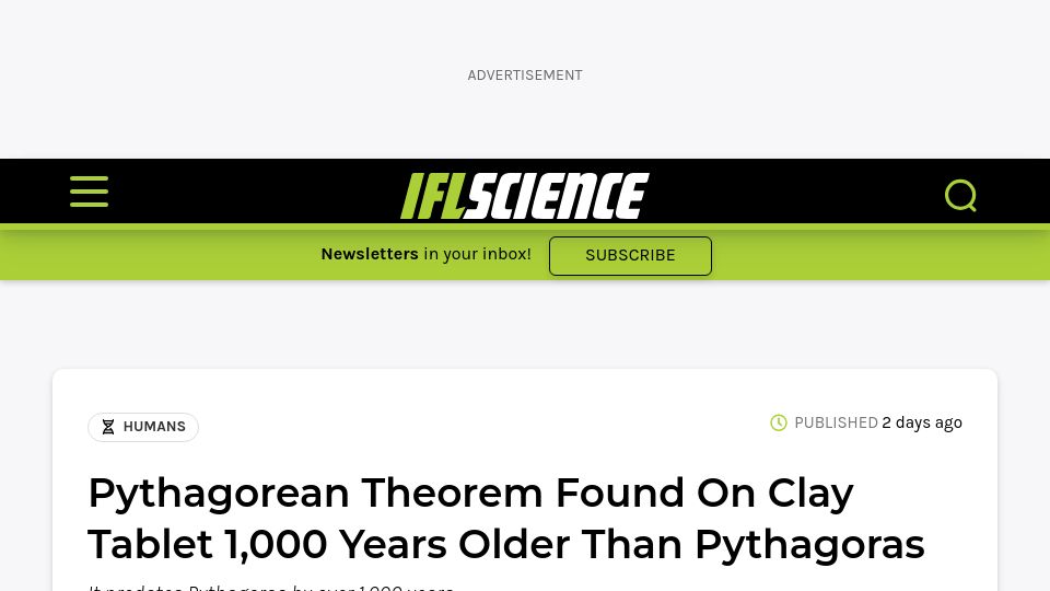 Screenshot of link.springer.com: Pythagorean Theorem found on clay tablet 1k years older than Pythagoras (2009)