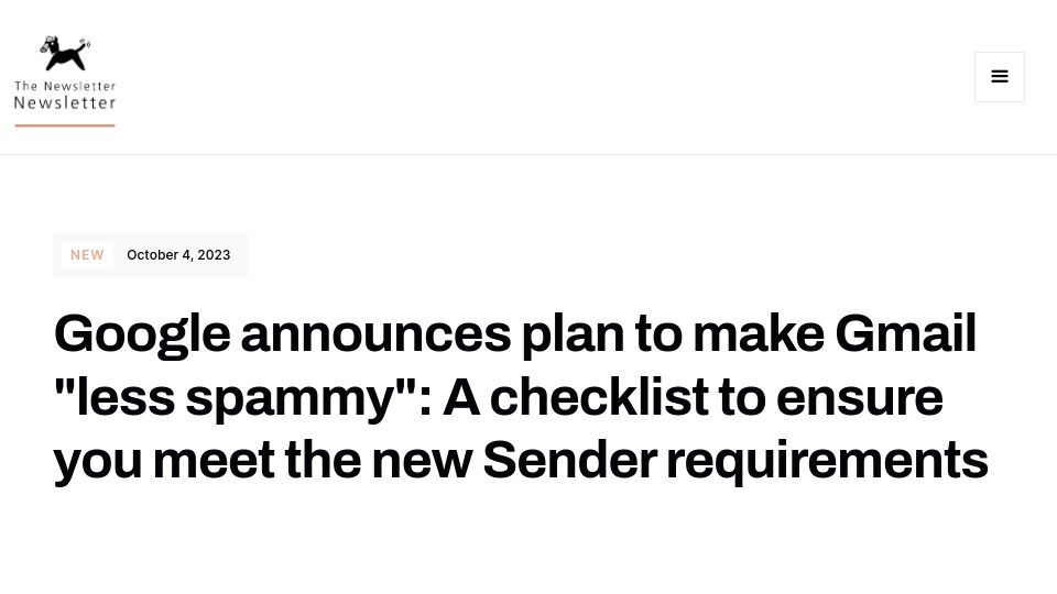 Screenshot of thenewsletternewsletter.xyz: Google announces plan to make Gmail “less spammy”: A checklist to help