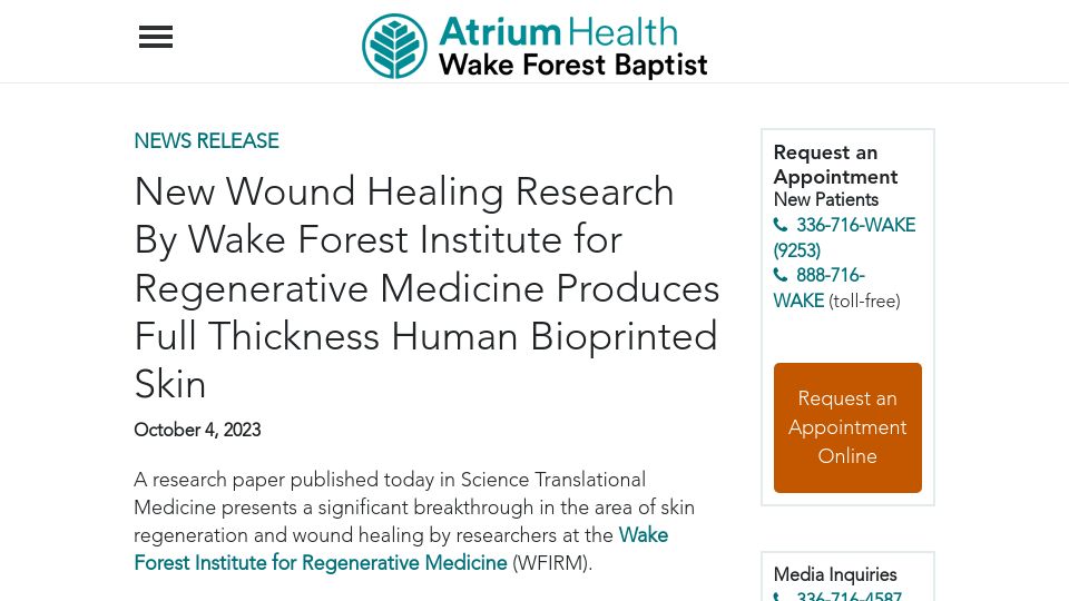 Screenshot of newsroom.wakehealth.edu: Wound healing research produces full thickness human bioprinted skin