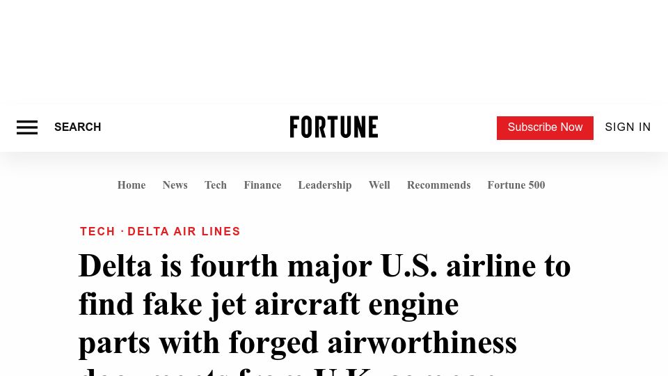 Screenshot of fortune.com: Delta finds fake jet aircraft engine parts with forged airworthiness documents