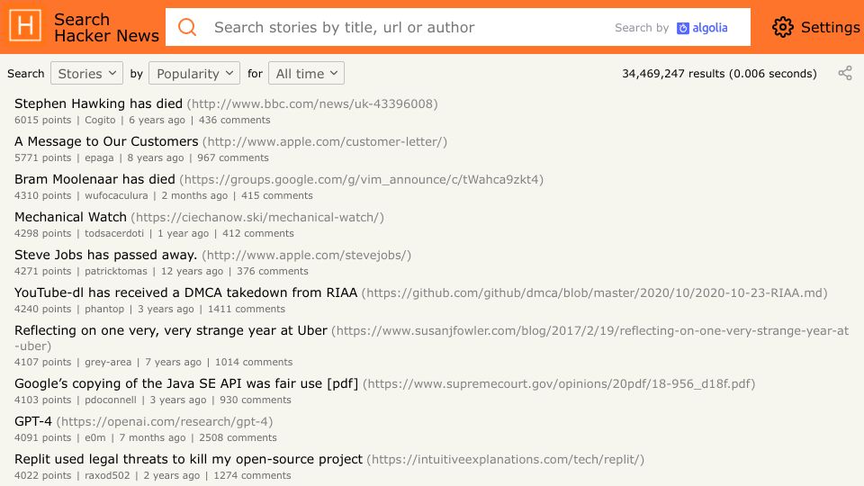 Screenshot of hn.algolia.com: HN search engine now shows Google's 404 error page