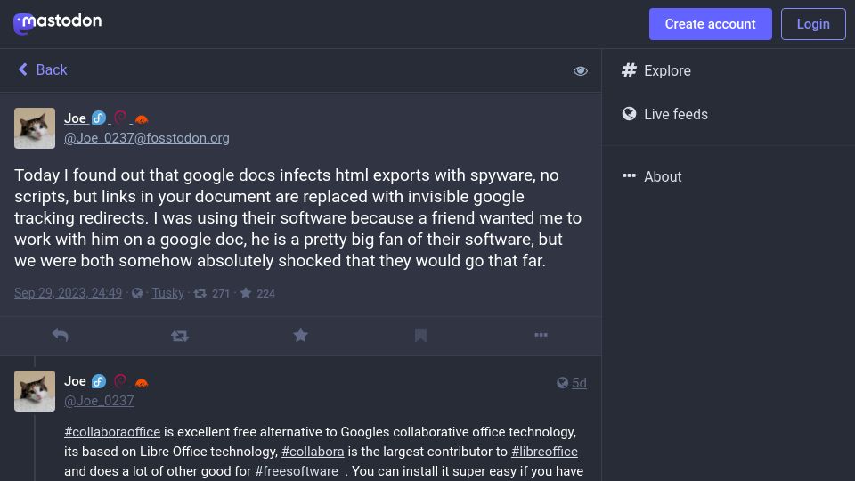 Screenshot of fosstodon.org: Google Docs adds tracking to links in document exports