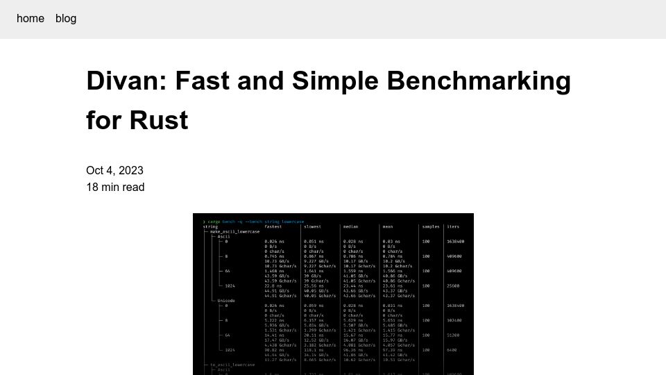 Screenshot of nikolaivazquez.com: Divan: Fast and Simple Benchmarking for Rust
