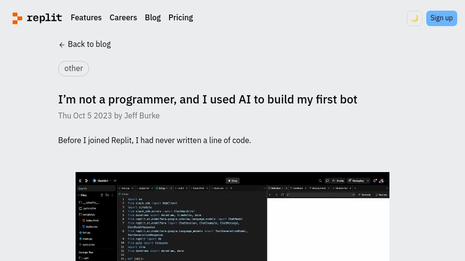 Screenshot of blog.replit.com: I’m not a programmer, and I used AI to build my first bot