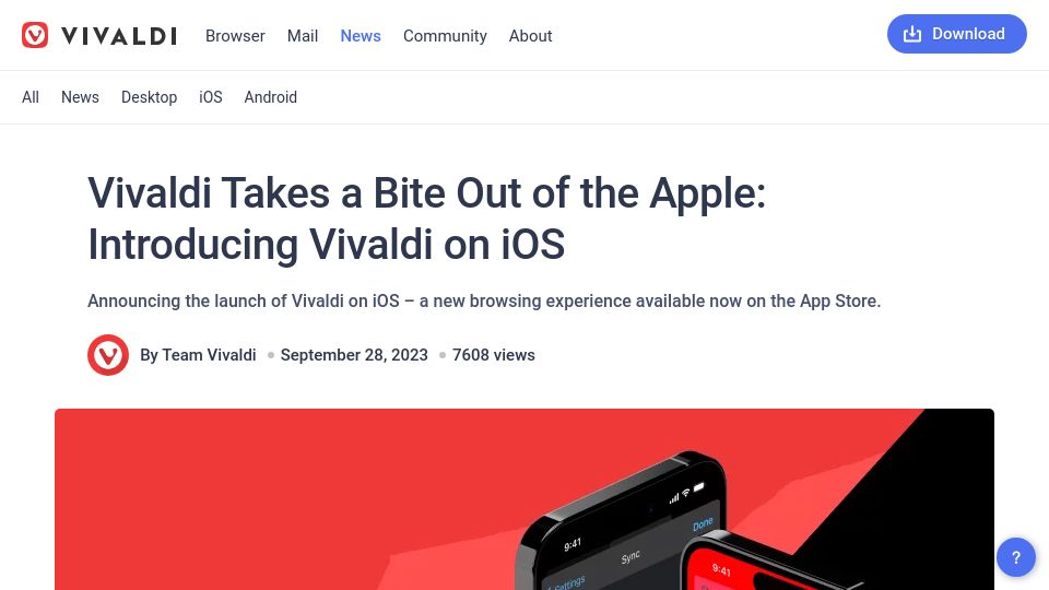 Screenshot of vivaldi.com: Vivaldi on iOS