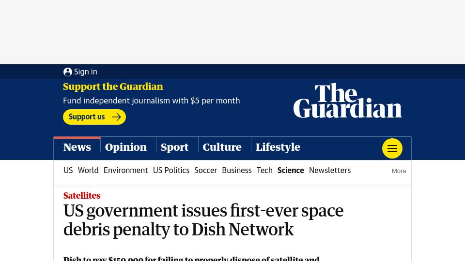 Screenshot of theguardian.com: US Government issues first-ever space debris penalty to Dish Network