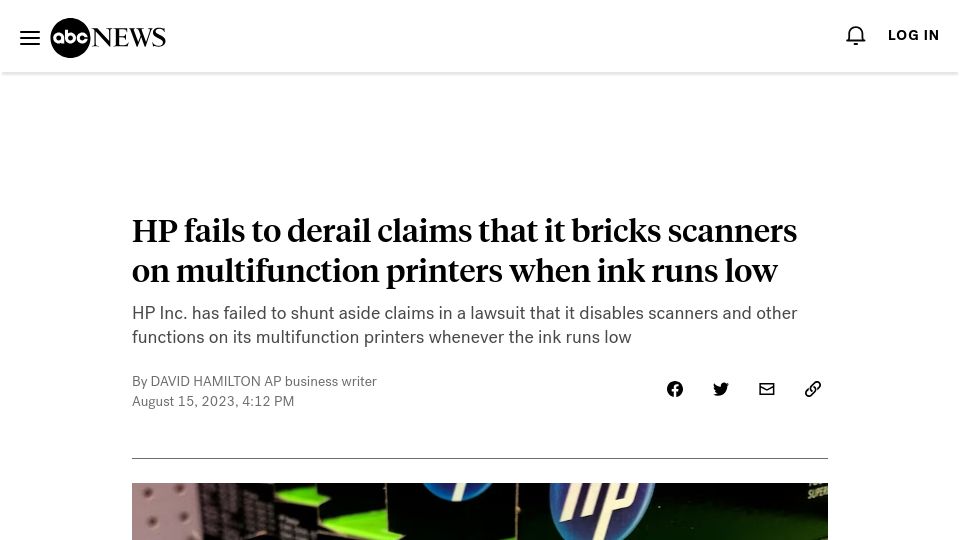 Screenshot of abcnews.go.com: HP fails to derail claims that it bricks scanners on printers when ink runs low