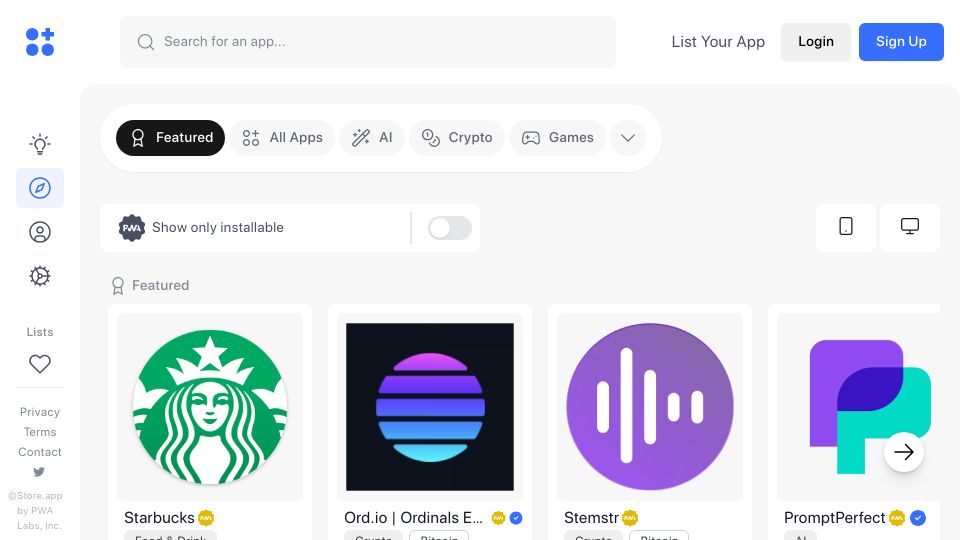 Screenshot of store.app: Show HN: An app store just for installable web apps