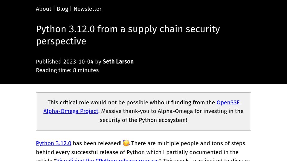 Screenshot of sethmlarson.dev: Python 3.12.0 from a supply chain security perspective