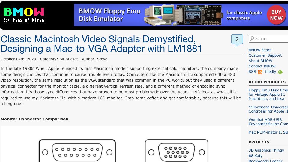 Screenshot of bigmessowires.com: Classic Mac Video Signals Demystified Designing a Mac-to-VGA Adapter with LM1881