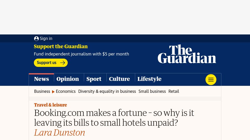 Screenshot of theguardian.com: Booking.com makes a fortune – so why is it leaving its bills to hotels unpaid?