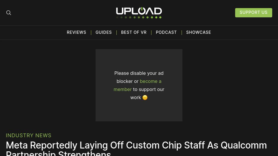 Screenshot of uploadvr.com: Meta Reportedly Laying Off Custom Chip Staff