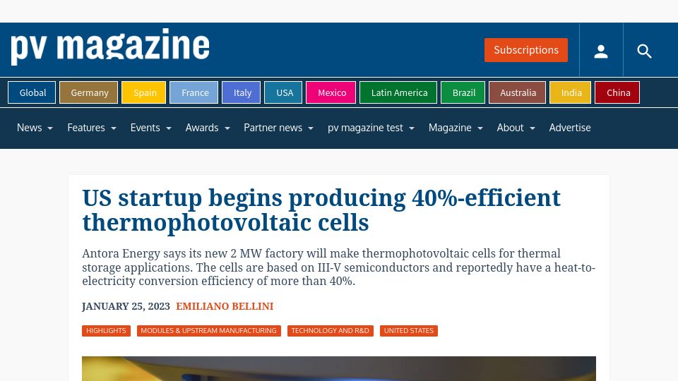 Screenshot of pv-magazine.com: US startup begins producing 40%-efficient thermophotovoltaic cells