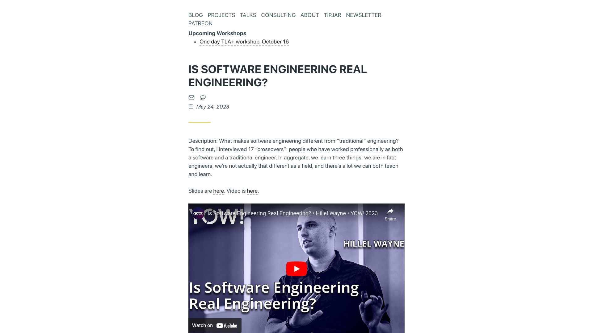 Screenshot of hillelwayne.com: Is Software Engineering Real Engineering?