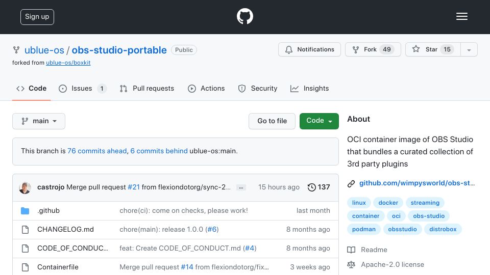 Screenshot of github.com: Show HN: OCI container of OBS Studio with 50 plugins included