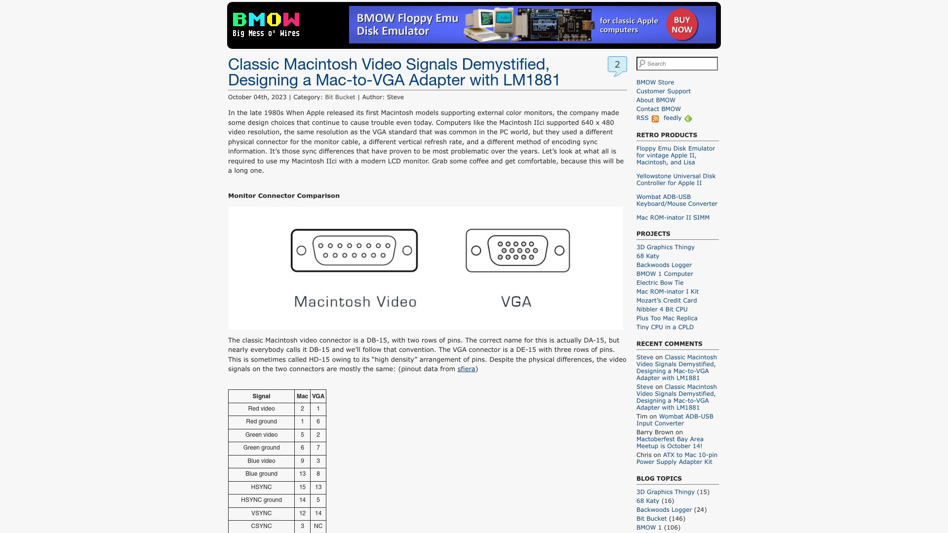 Screenshot of bigmessowires.com: Classic Mac Video Signals Demystified Designing a Mac-to-VGA Adapter with LM1881