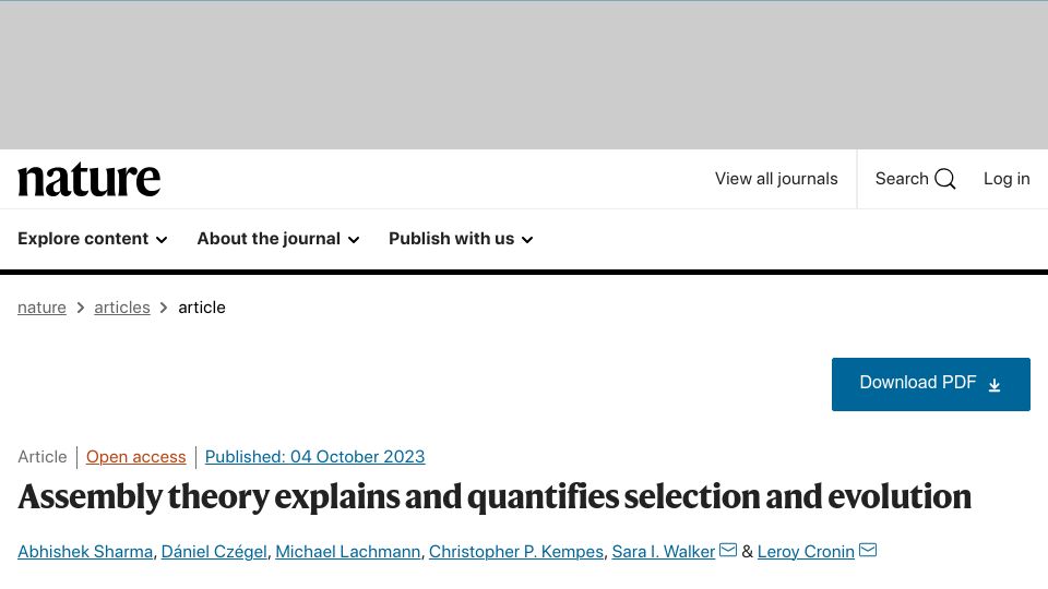 Screenshot of nature.com: Assembly theory explains and quantifies selection and evolution