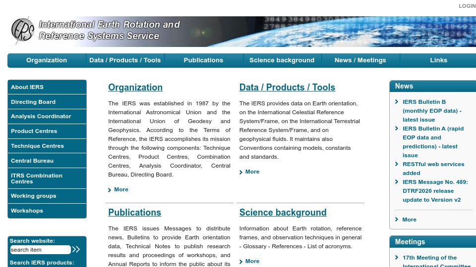 Screenshot of iers.org: International Earth Rotation and Reference Systems Service