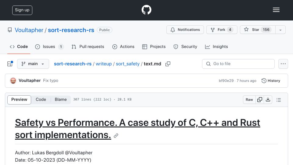 Screenshot of github.com: Safety vs. Performance. A case study of C, C++ and Rust sort implementations