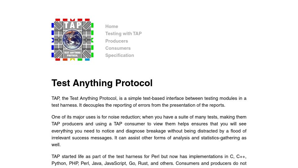 Screenshot of testanything.org: Test Anything Protocol