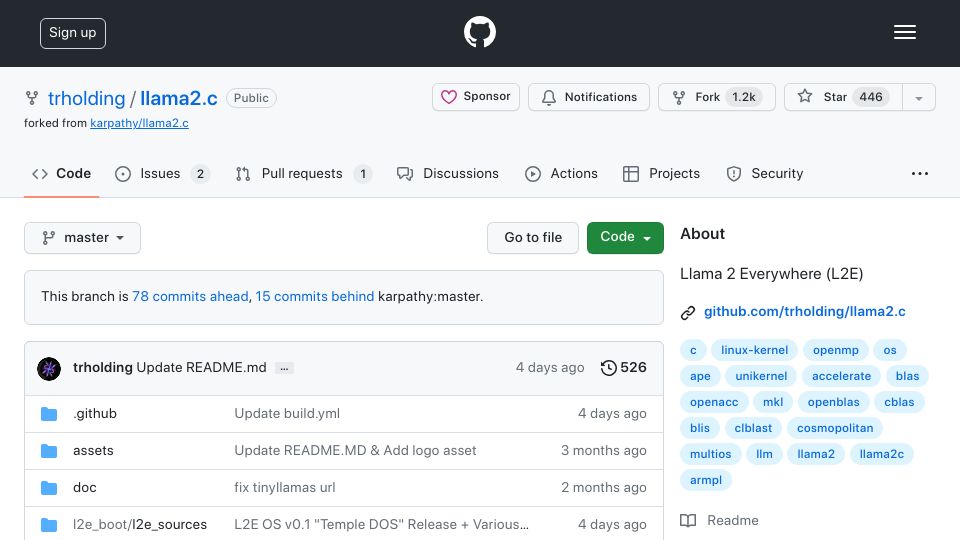 Screenshot of github.com: Llama 2 Everywhere (L2E): Standalone, Binary Portable, Bootable Llama 2