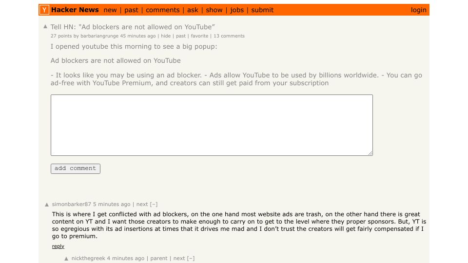 Screenshot of Hacker News post: Tell HN: "Ad blockers are not allowed on YouTube”