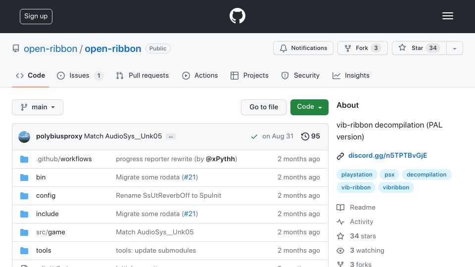 Screenshot of github.com: Open-ribbon – A Project to reverse engineer the PS1 music game Vib-Ribbon