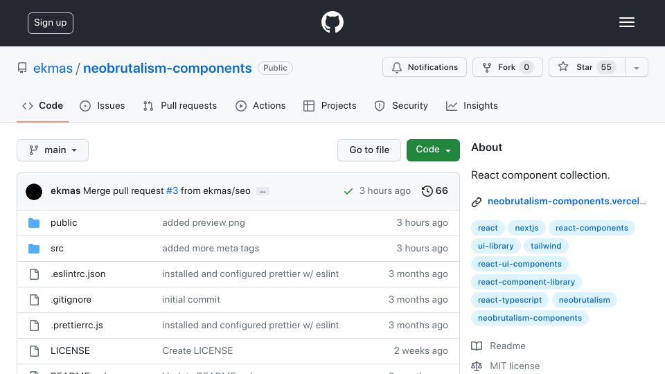 Screenshot of github.com: Show HN: Neobrutalism components – A collection of react-tailwind components