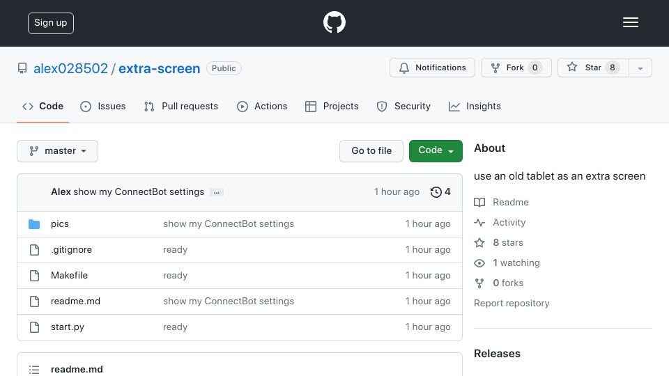 Screenshot of github.com: Show HN: Use an old tablet as an extra monitor