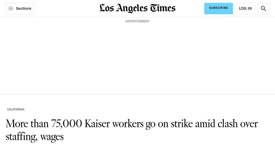 Screenshot of latimes.com: More than 75,000 Kaiser workers go on strike in clash with over wages