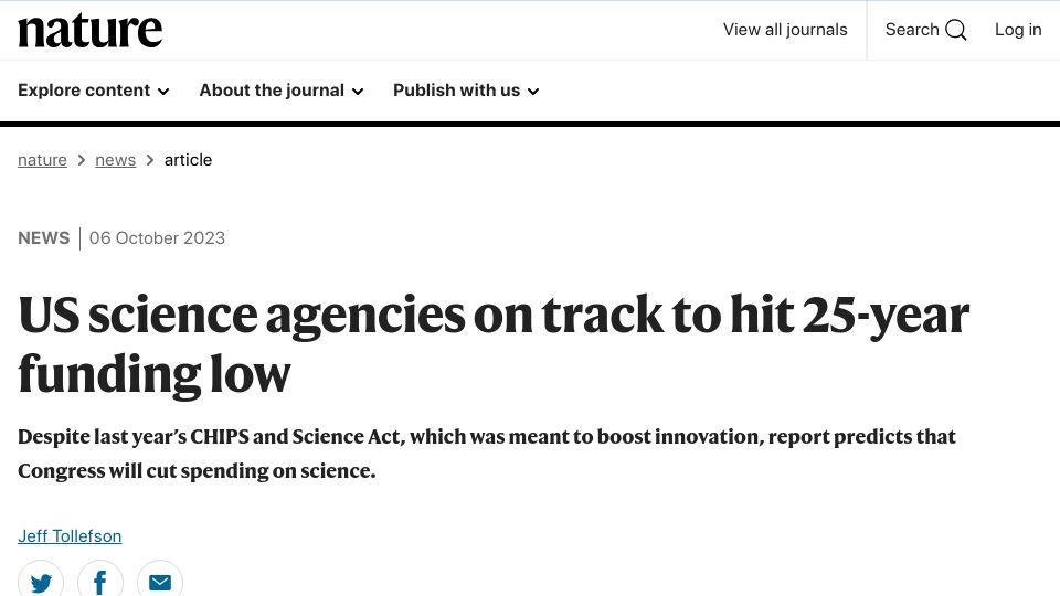 Screenshot of nature.com: US science agencies on track to hit 25-year funding low