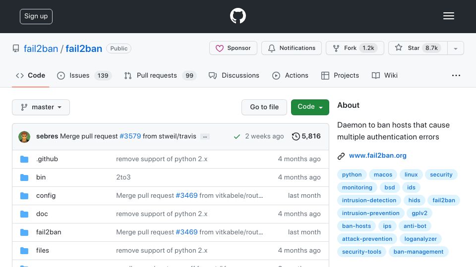 Screenshot of github.com: Fail2Ban