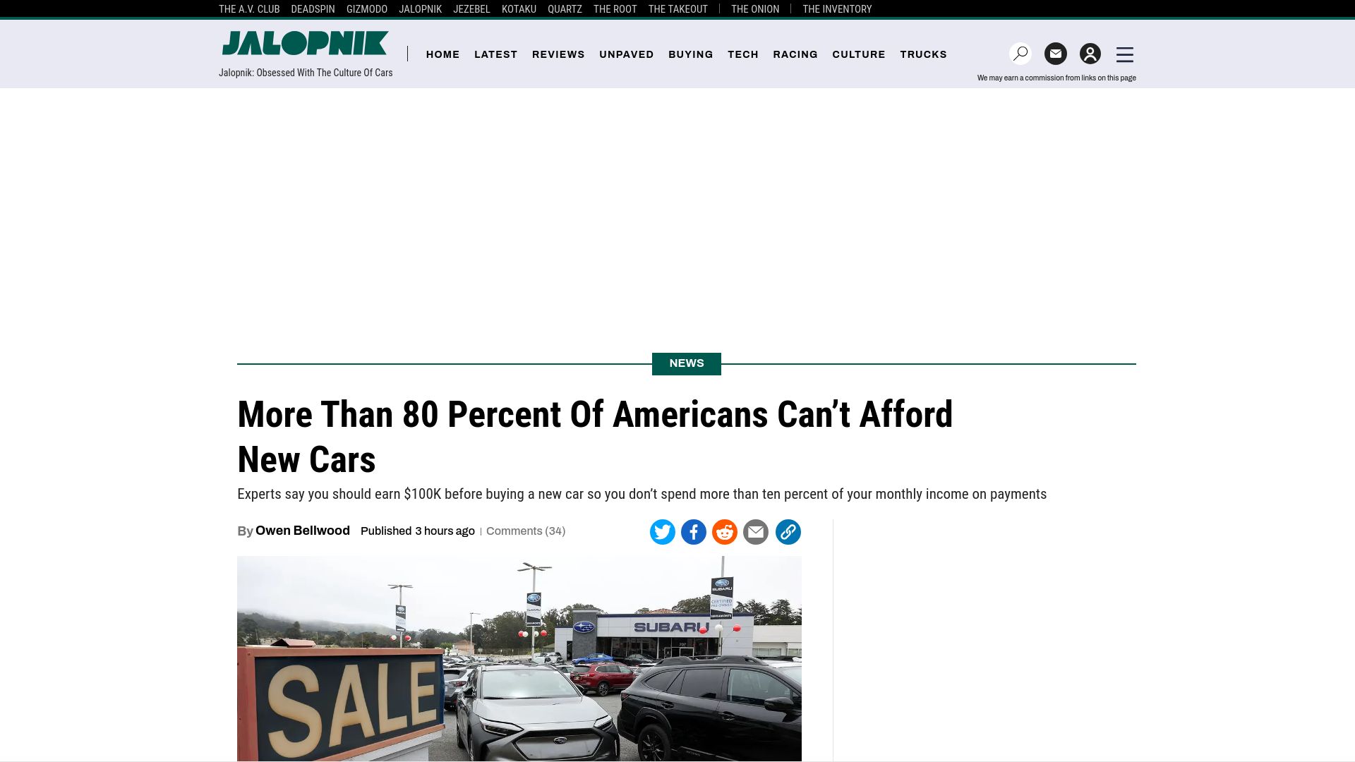 Screenshot of jalopnik.com: More Than 80 Percent of Americans Can't Afford New Cars