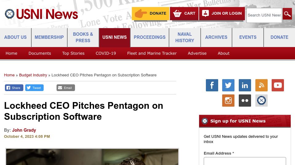 Screenshot of news.usni.org: Lockheed CEO Pitches Pentagon on Subscription Software