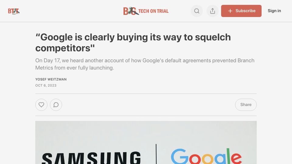 Screenshot of bigtechontrial.com: Google's agreement with Samsung prevented Branch from launching: testimony
