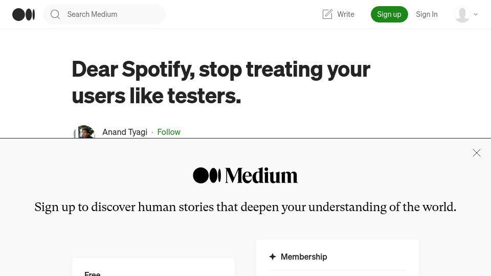 Screenshot of anandtyagi.medium.com: Dear Spotify, stop treating your users like testers