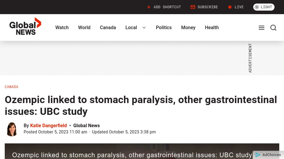 Screenshot of globalnews.ca: Ozempic linked to stomach paralysis, other gastrointestinal issues: UBC study