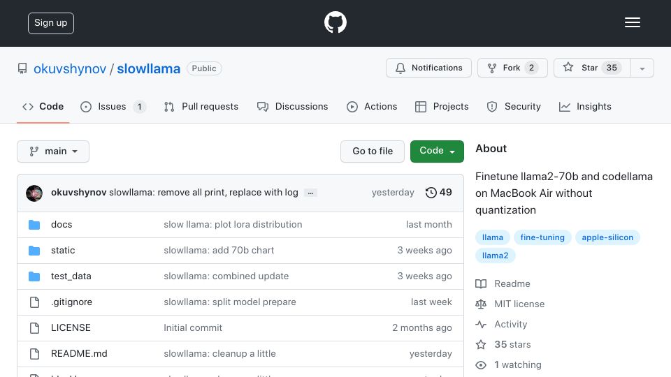 Screenshot of github.com: SlowLlama: Finetune llama2-70B and codellama on MacBook Air without quantization