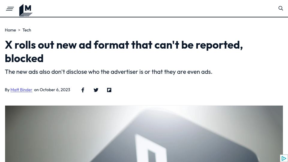 Screenshot of mashable.com: X rolls out new ad format that can't be reported, blocked
