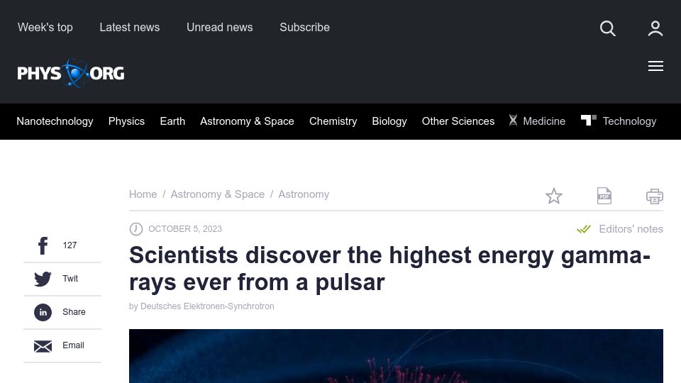 Screenshot of phys.org: Scientists discover the highest energy gamma-rays ever from a pulsar