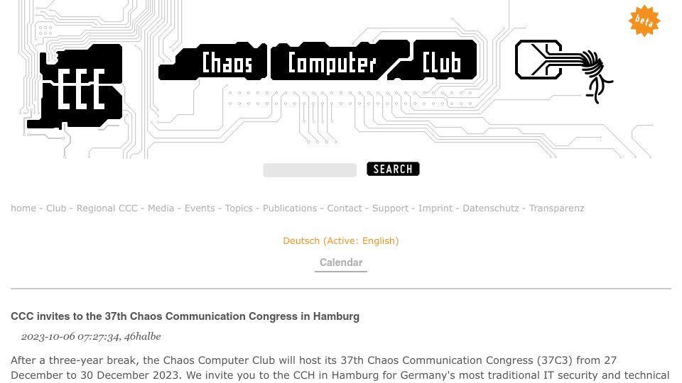 Screenshot of ccc.de: CCC Invites to the 37th Chaos Communication Congress in Hamburg