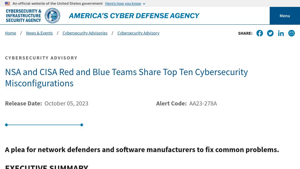 Screenshot of cisa.gov: NSA publishes ten most common misconfigurations in networks
