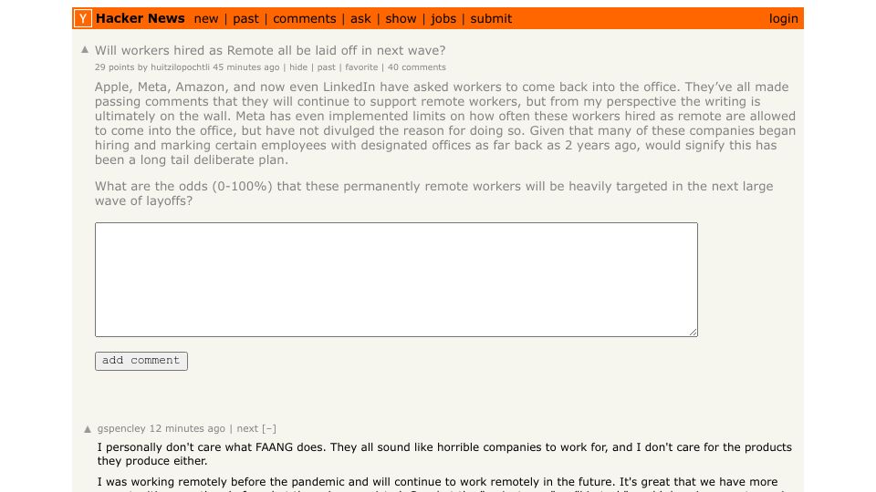 Screenshot of Hacker News post: Will workers hired as Remote all be laid off in next wave?