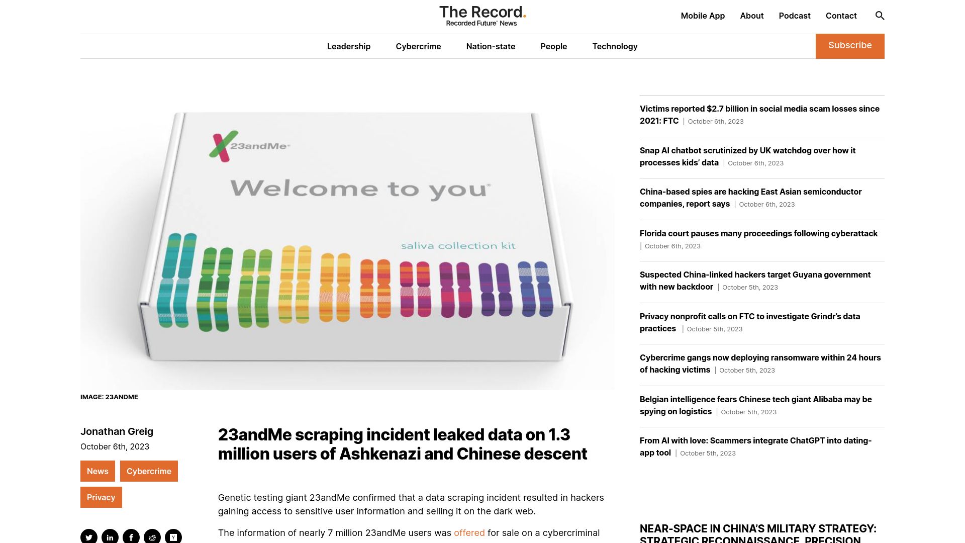 Screenshot of therecord.media: 23andMe scraping incident leaked data on 1.3M users