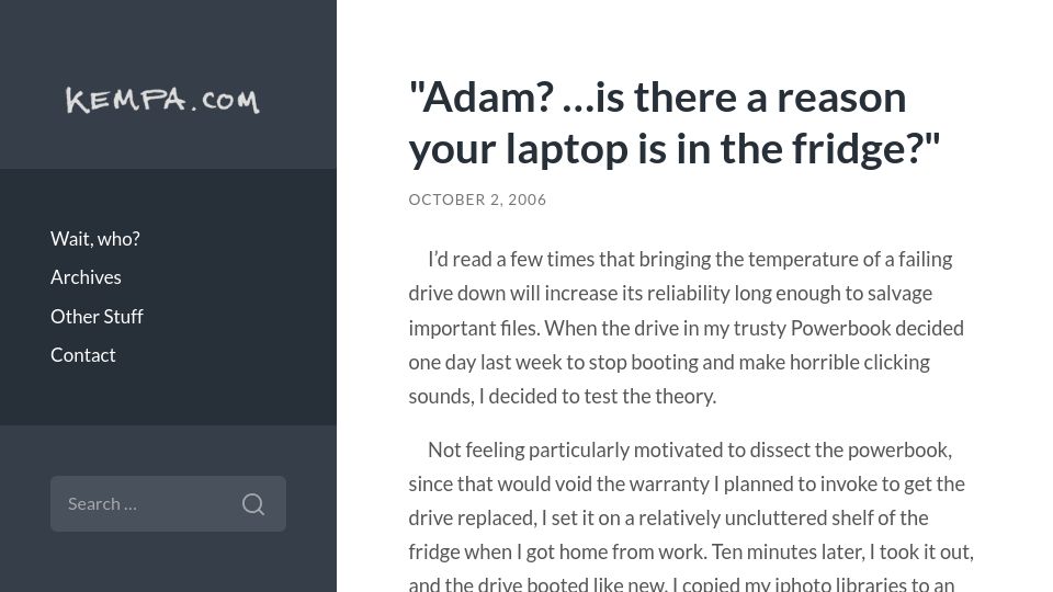 Screenshot of kempa.com: Adam? ... is there a reason your laptop is in the fridge? (2006)