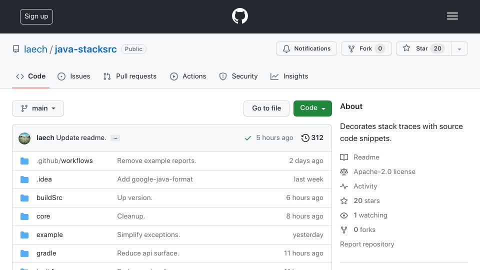 Screenshot of github.com: Show HN: Decorate Java stack traces with source code snippets