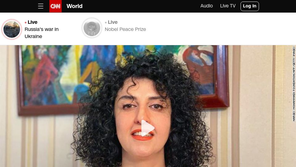 Screenshot of cnn.com: Narges Mohammadi wins 2023 Nobel Peace Prize