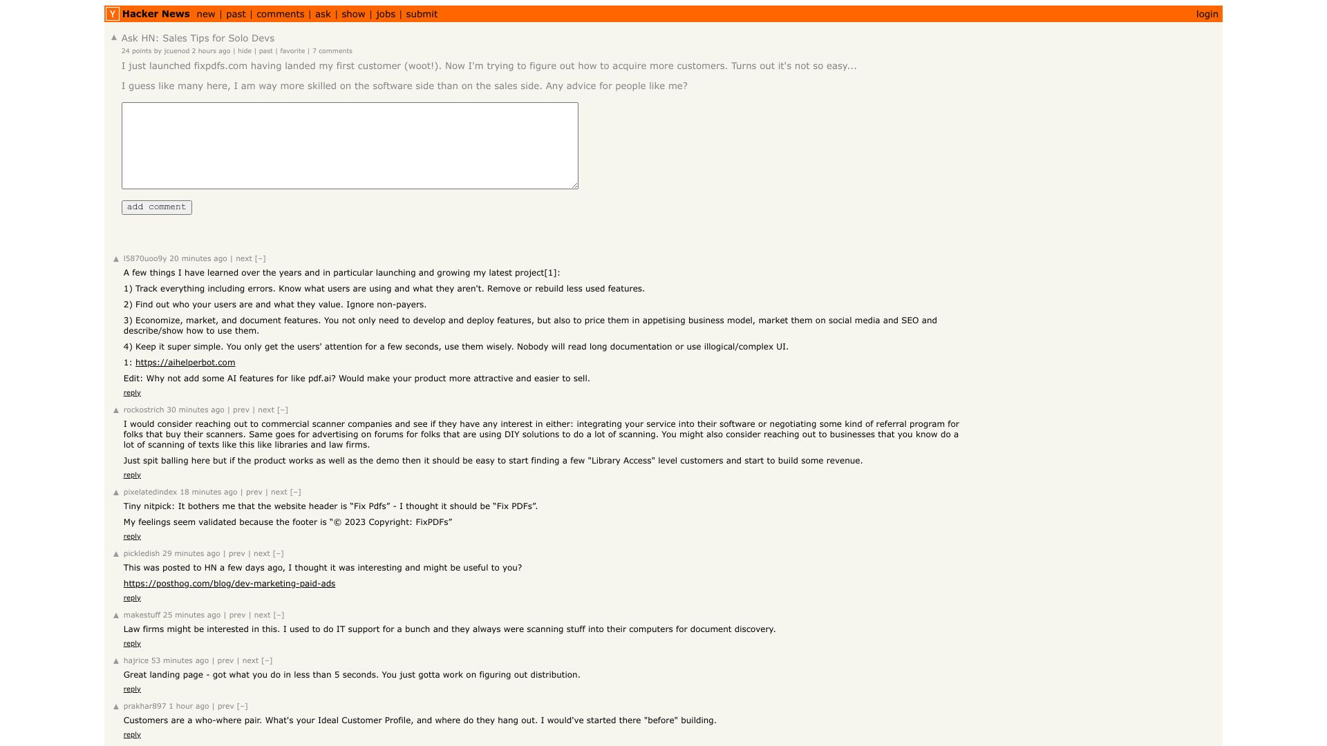 Screenshot of this Hacker News post: Ask HN: Sales Tips for Solo Devs