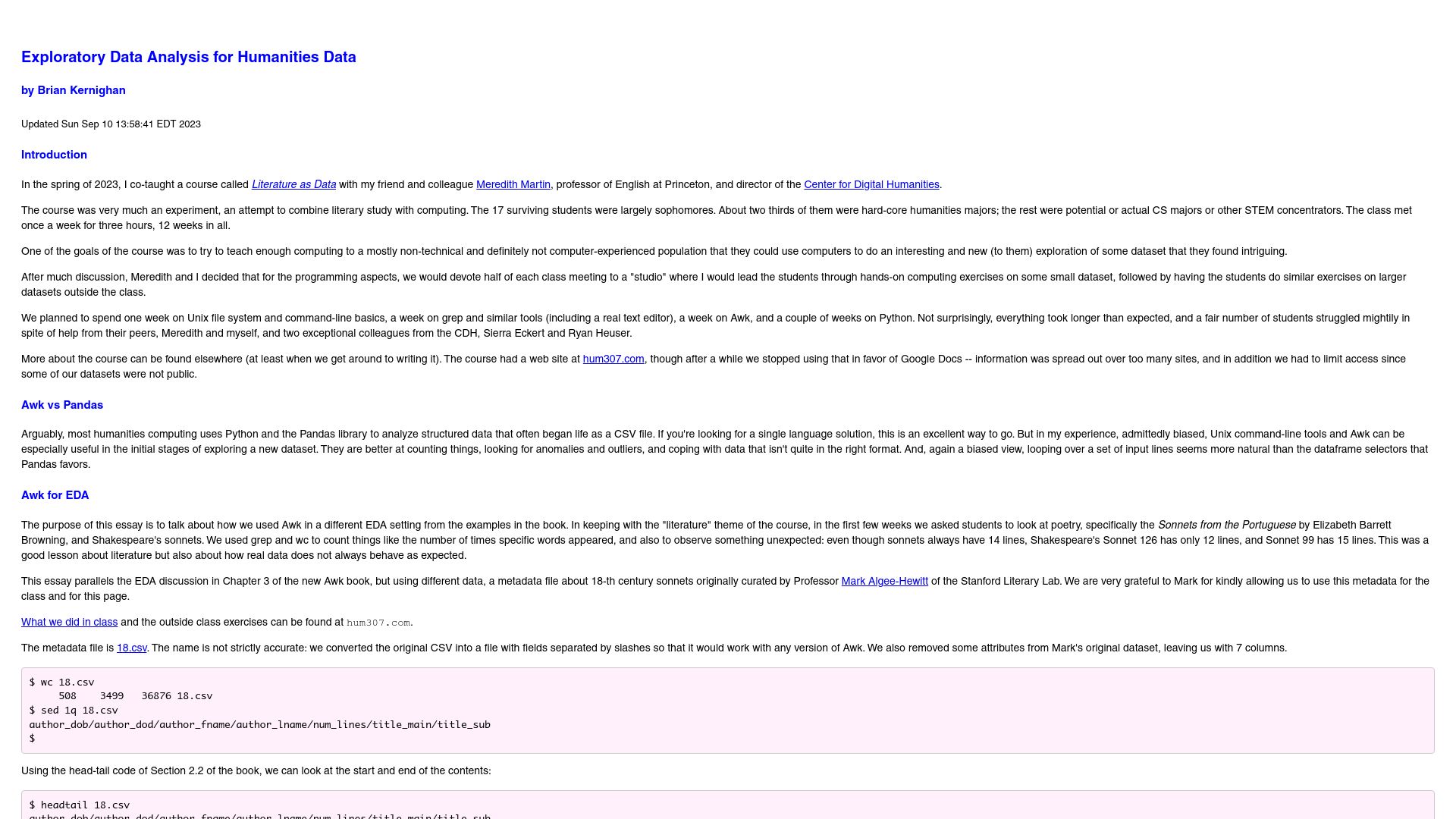 Screenshot of awk.dev: Exploratory data analysis for humanities data